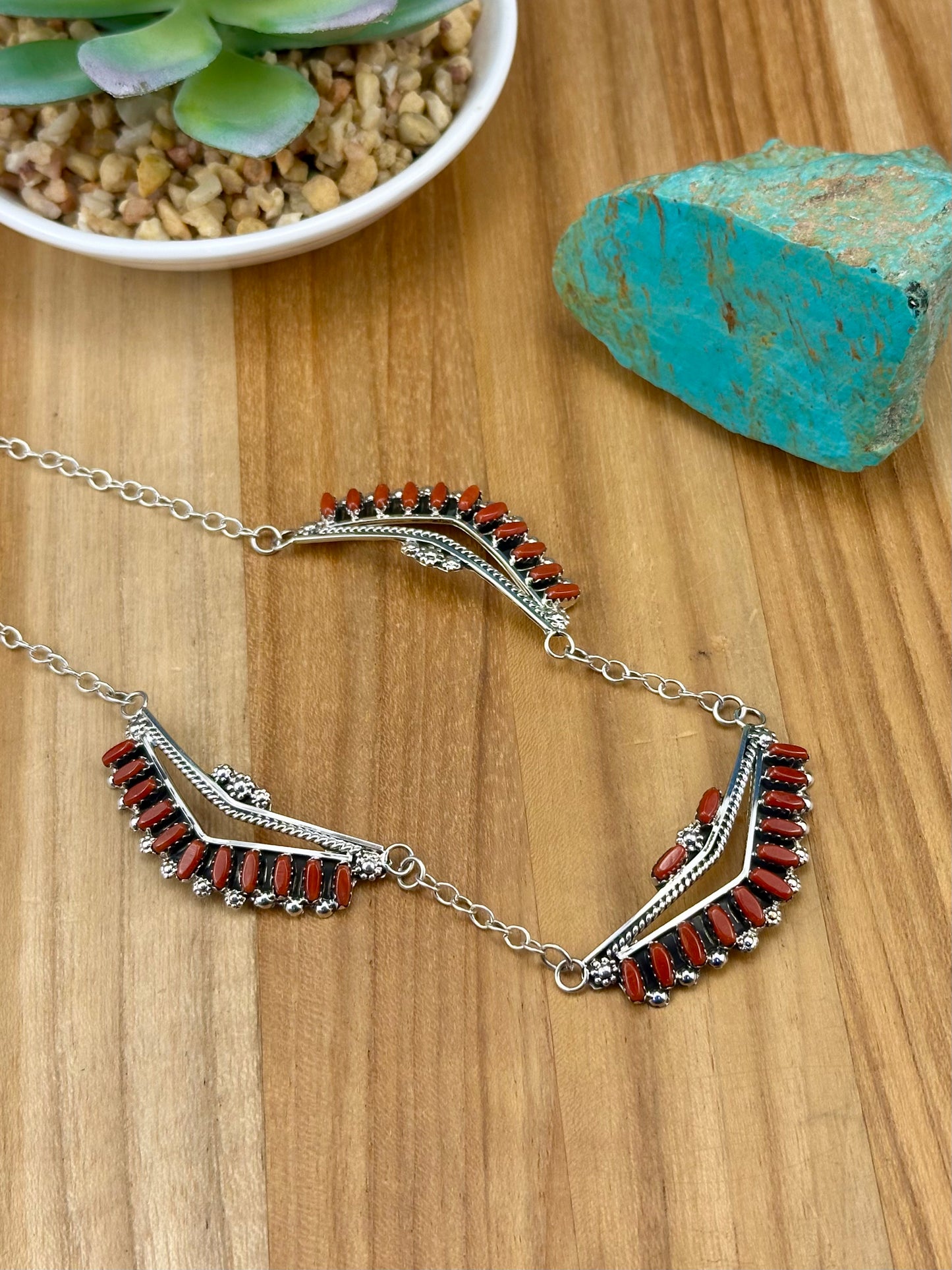 Coral Cluster Sterling Silver Necklace Set