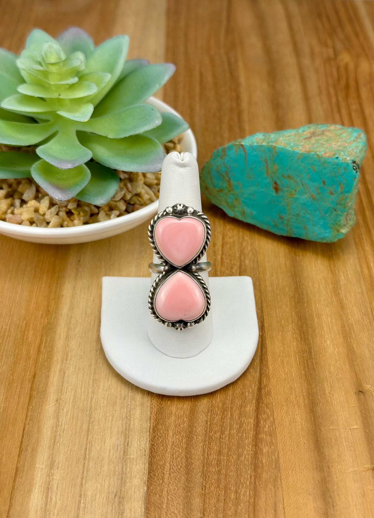 Pink Conch Heart 2 Stone Sterling Ring