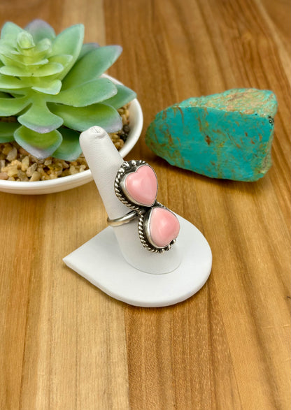 Pink Conch Heart 2 Stone Sterling Ring