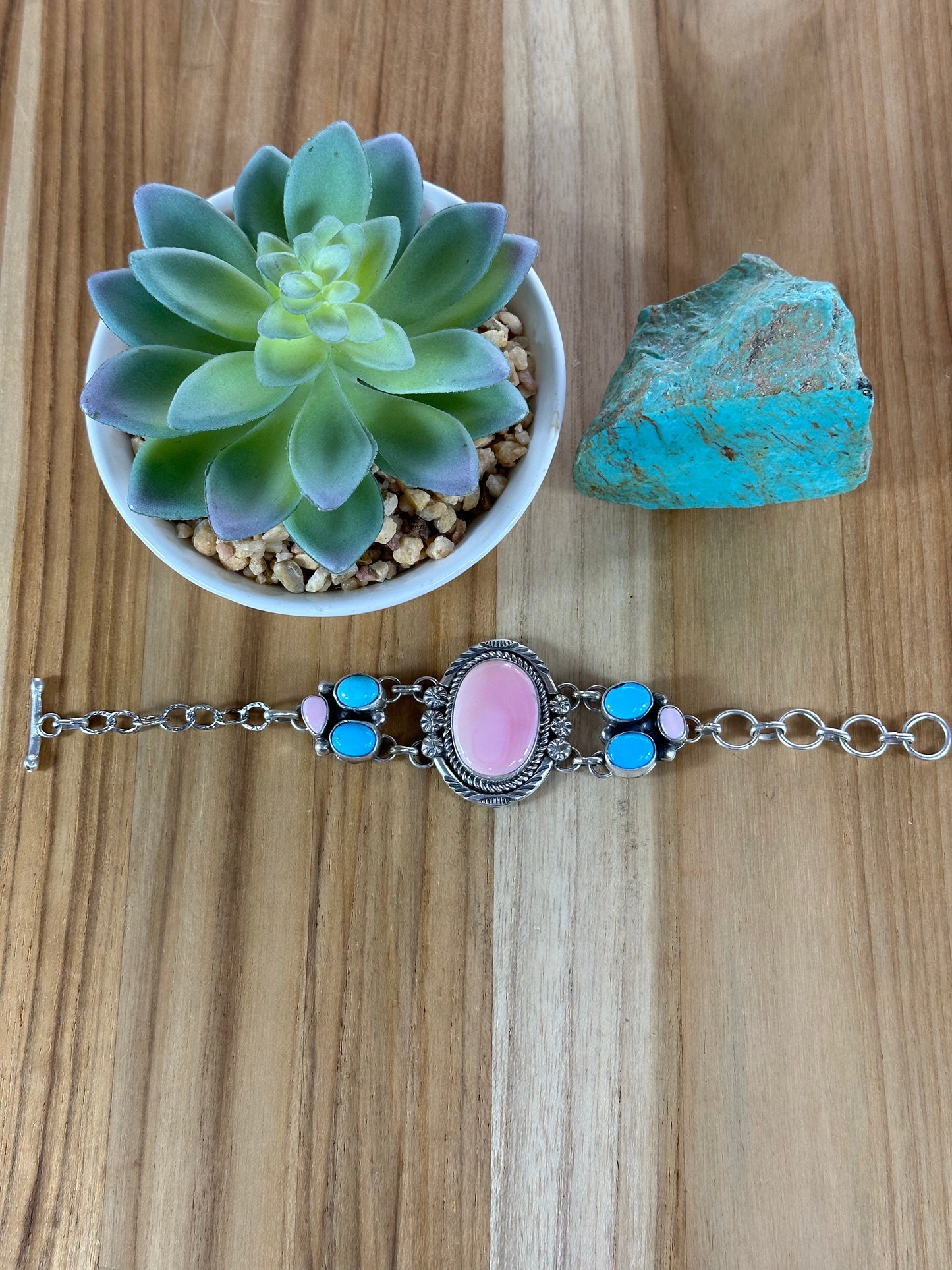 Pink Conch and Kingman Sterling Silver Bracelet