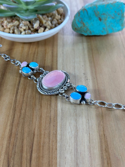 Pink Conch and Kingman Sterling Silver Bracelet