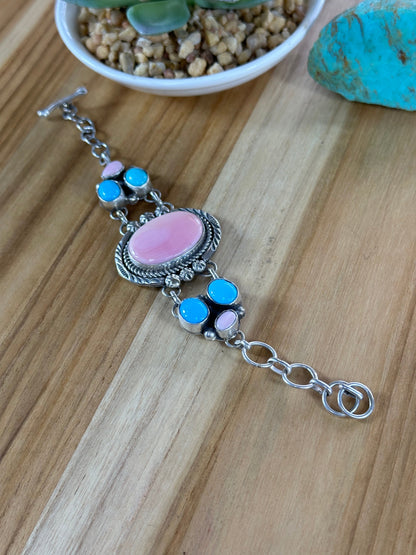 Pink Conch and Kingman Sterling Silver Bracelet