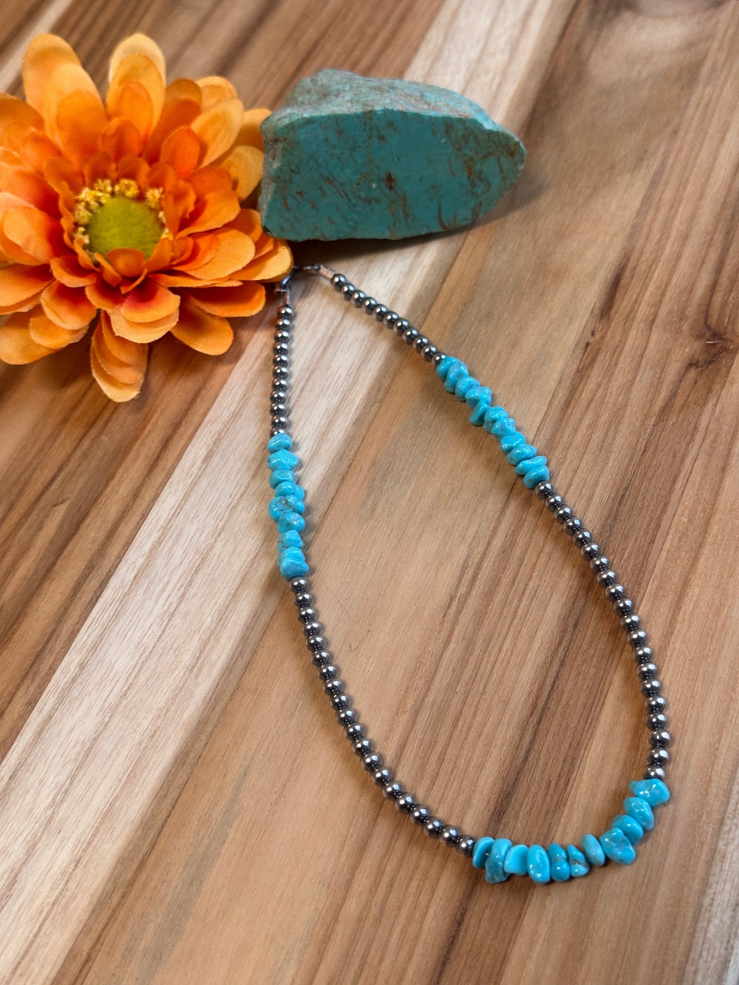Navajo Style Pearls and Turquoise Chip Necklace