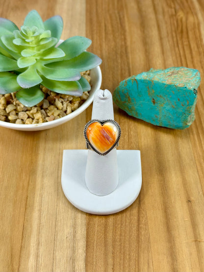 Orange Spiny Sterling Heart Ring