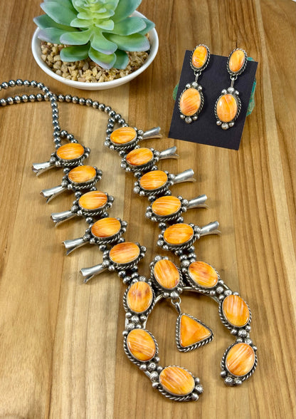 Orange Spiny Sterling Squash Blossom Necklace Set