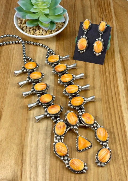 Orange Spiny Sterling Squash Blossom Necklace Set