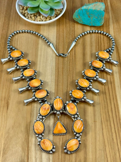 Orange Spiny Sterling Squash Blossom Necklace Set