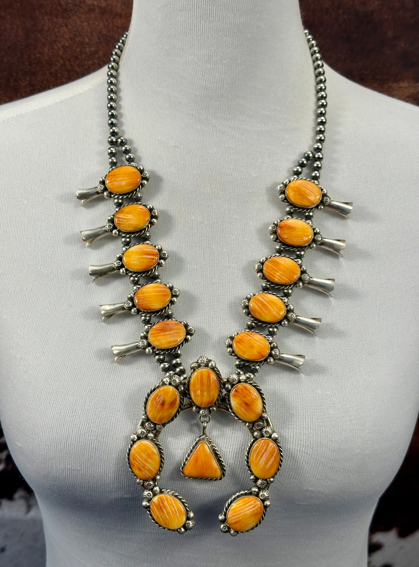 Orange Spiny Sterling Squash Blossom Necklace Set