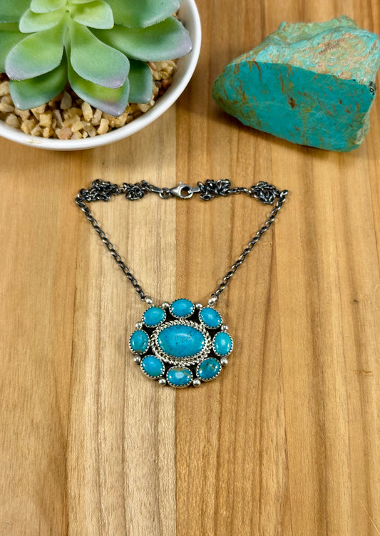 Kingman Turquoise Sterling Cluster Necklace