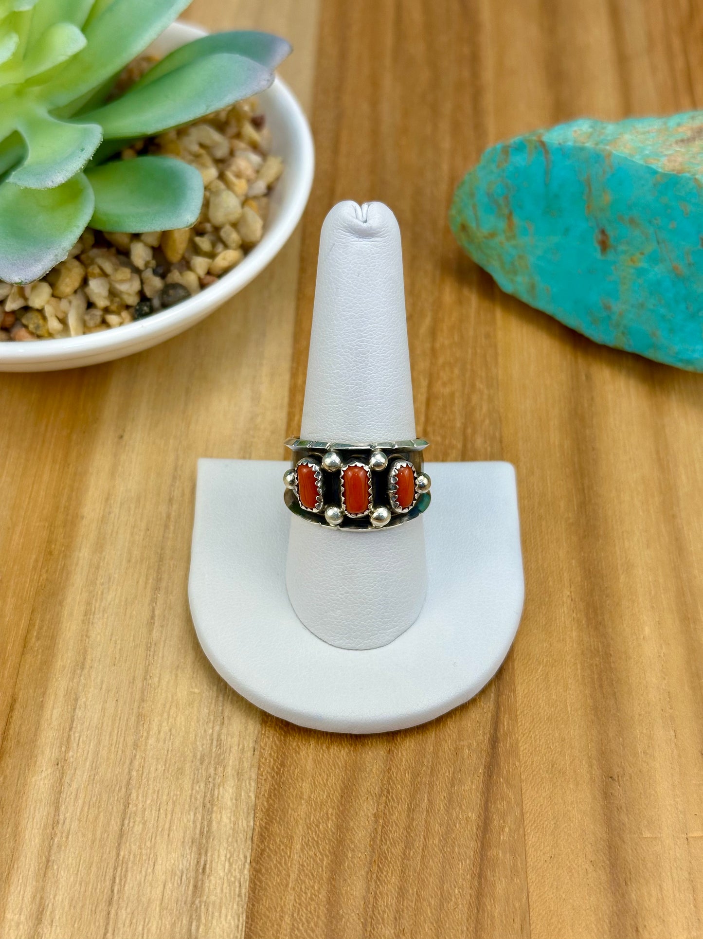 Coral 3 Stone Sterling Ring