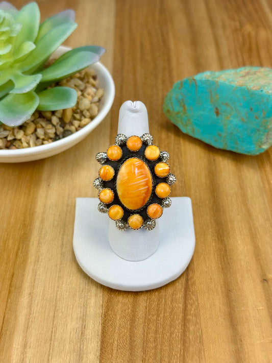Orange Spiny Floral Cluster Ring