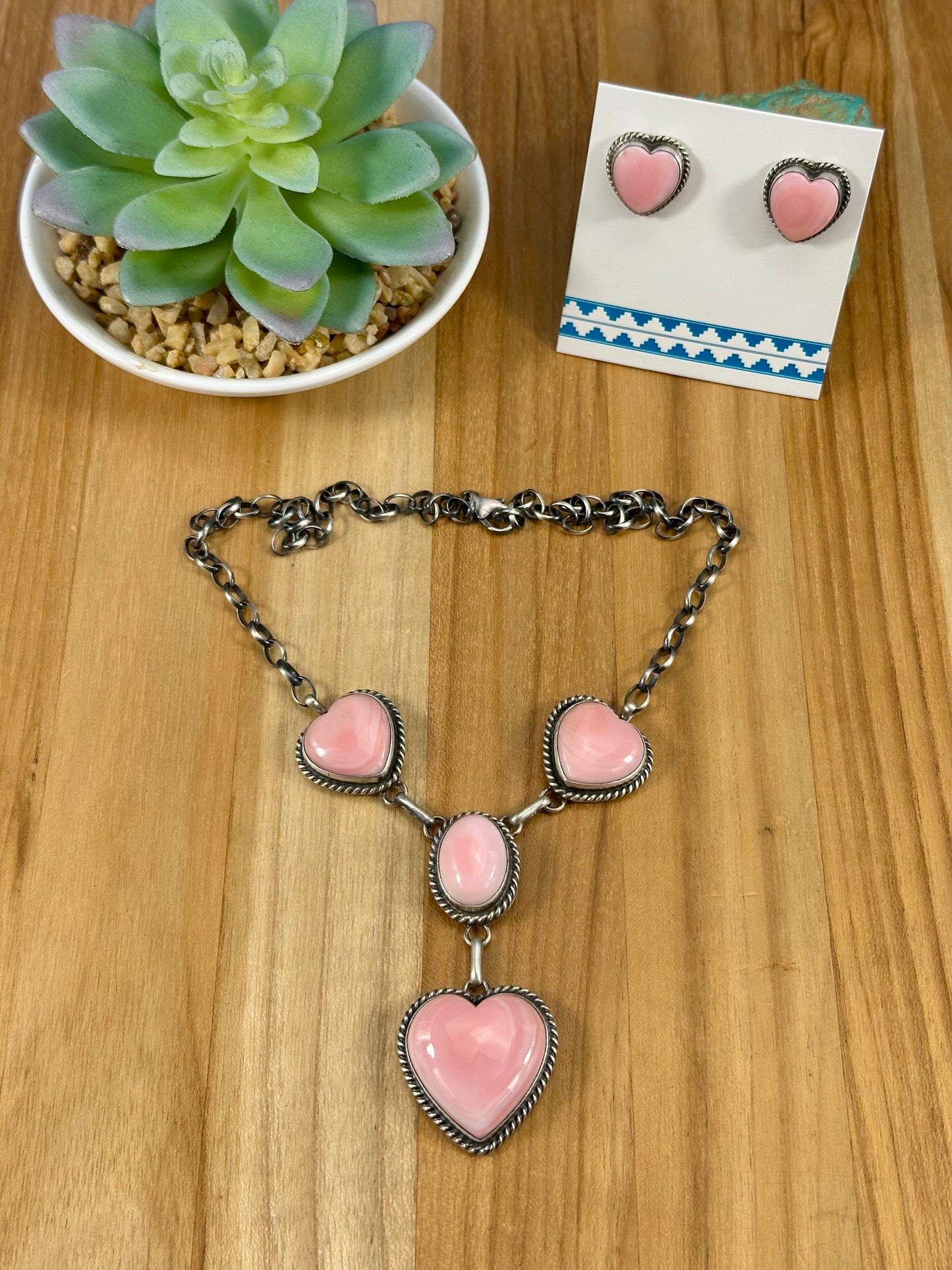 Pink Conch Heart Sterling Lariat Set