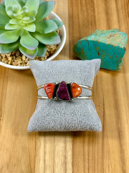 Orange & Purple Spiny 3 Stone Sterling Cuff