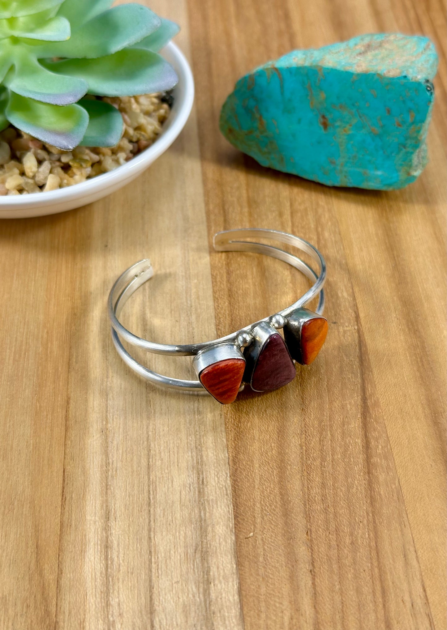 Orange & Purple Spiny 3 Stone Sterling Cuff