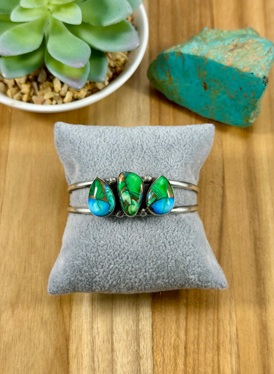 Peacock Dahlia 3 Stone Sterling Cuff