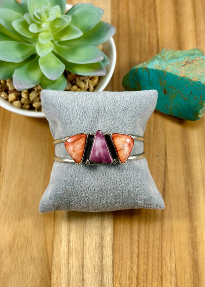 Red & Purple Spiny 3 Stone Sterling Cuff