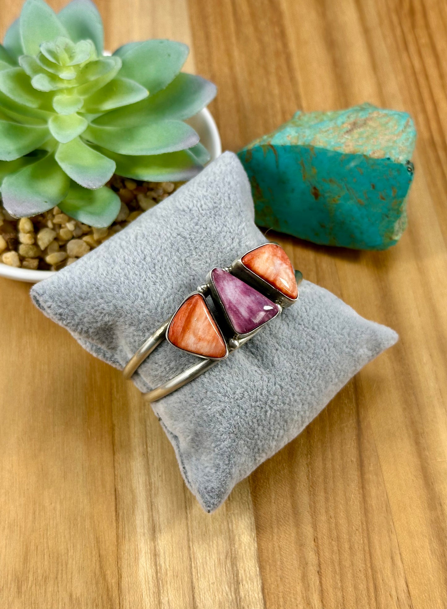 Red & Purple Spiny 3 Stone Sterling Cuff