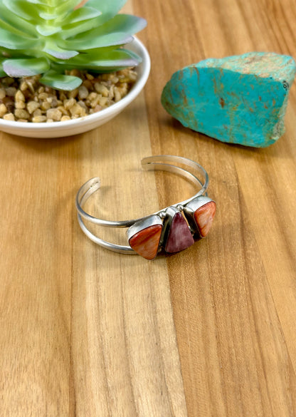 Red & Purple Spiny 3 Stone Sterling Cuff