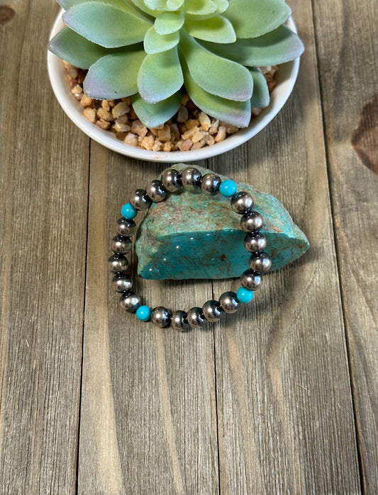 Turquoise and "Navajo Style" Pearl Stretch Bracelet