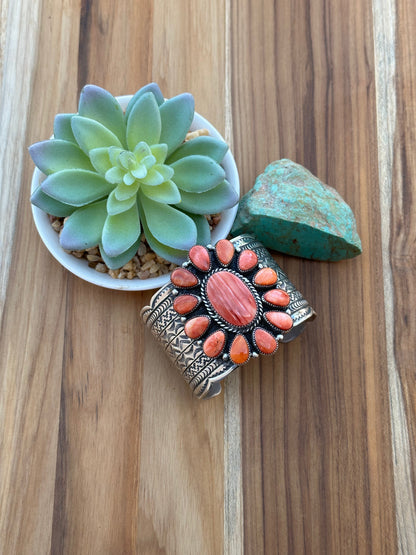 Red Spiny Floral Cluster Cuff Bracelet