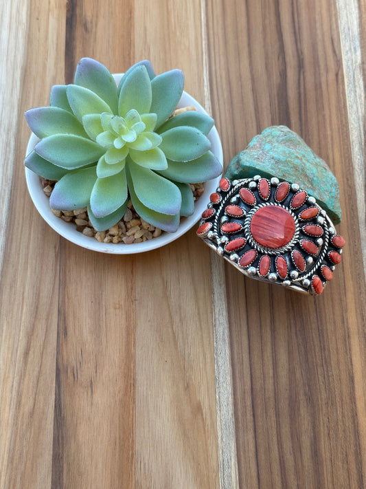 Red Spiny Floral Cluster Cuff Bracelet