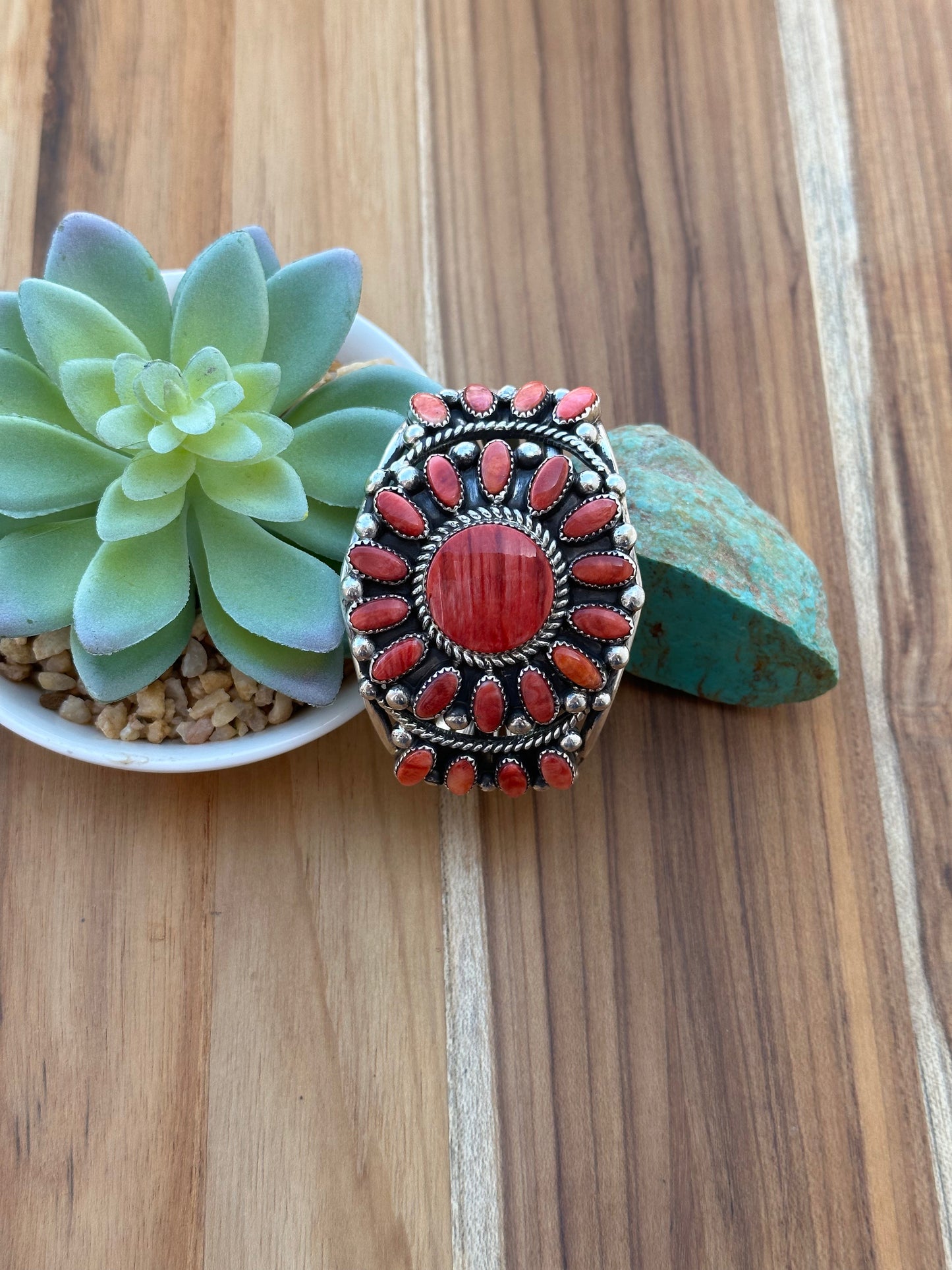 Red Spiny Floral Cluster Cuff Bracelet