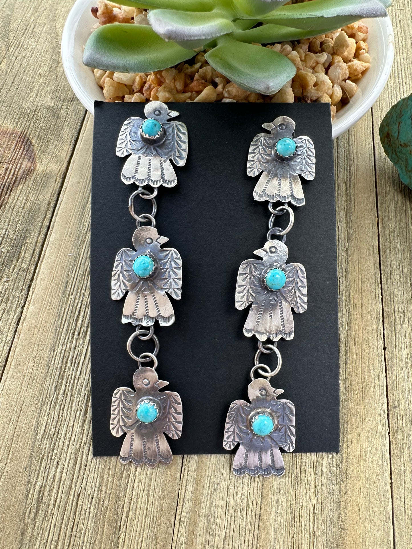 Kingman Turquoise Three Silver Thunderbird Dangle Earrings