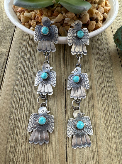 Kingman Turquoise Three Silver Thunderbird Dangle Earrings