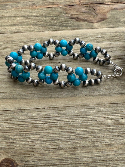 Kingman Turquoise Pearl Flower Bracelet