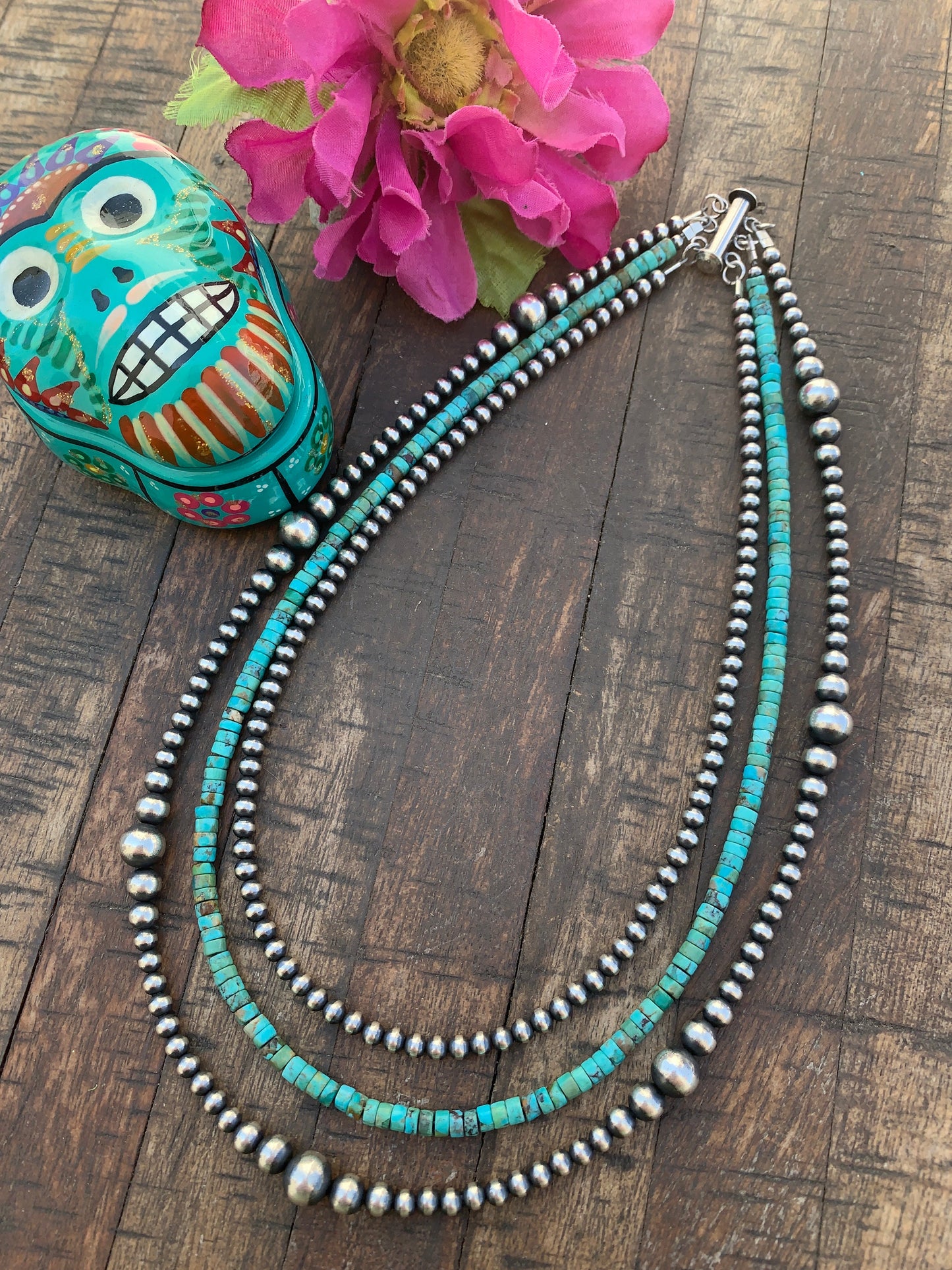 Navajo Style Beads and Kingman Turquoise 3 Strand Necklace