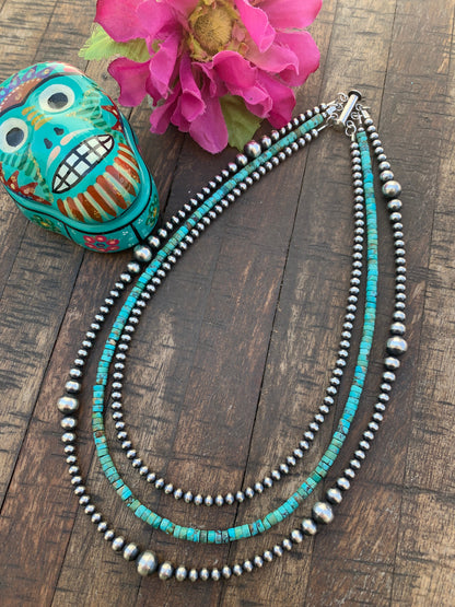 Navajo Style Beads and Kingman Turquoise 3 Strand Necklace