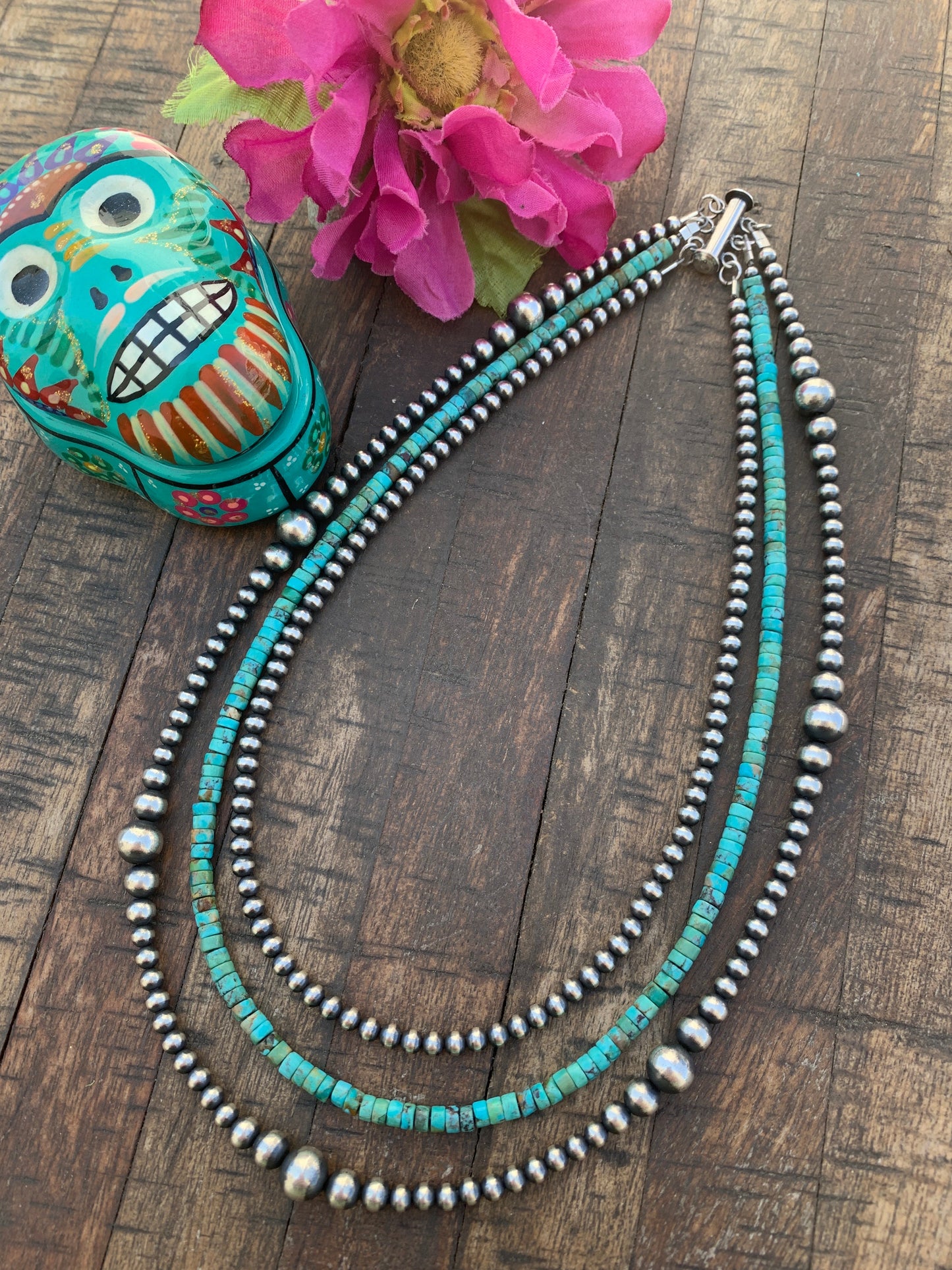 Navajo Style Beads and Kingman Turquoise 3 Strand Necklace