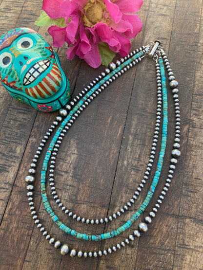 Navajo Style Beads and Kingman Turquoise 3 Strand Necklace