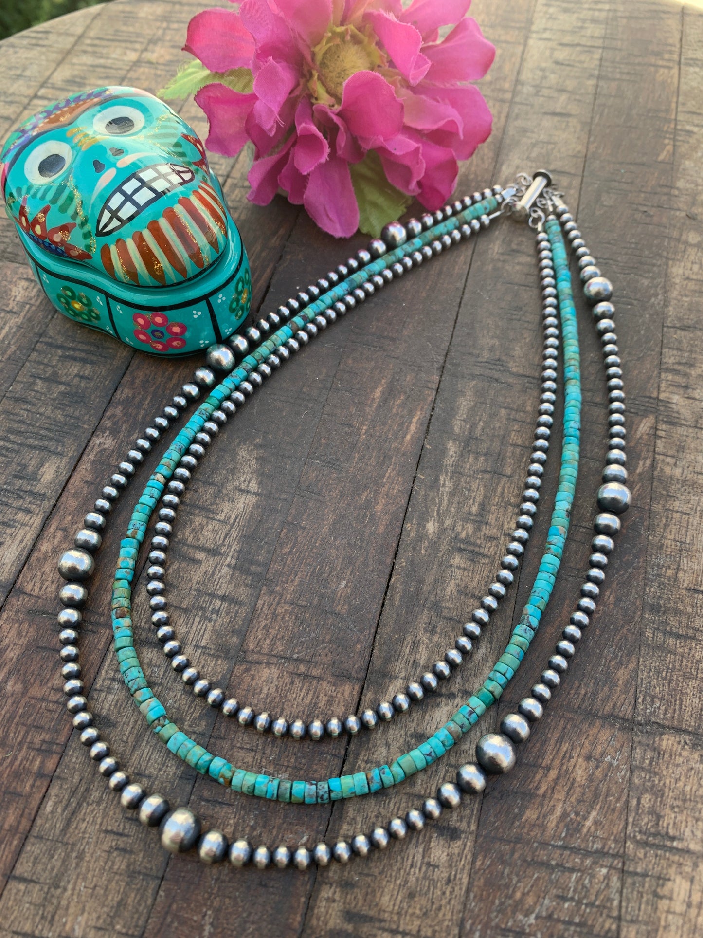 Navajo Style Beads and Kingman Turquoise 3 Strand Necklace