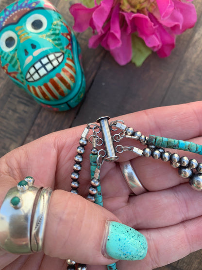 Navajo Style Beads and Kingman Turquoise 3 Strand Necklace