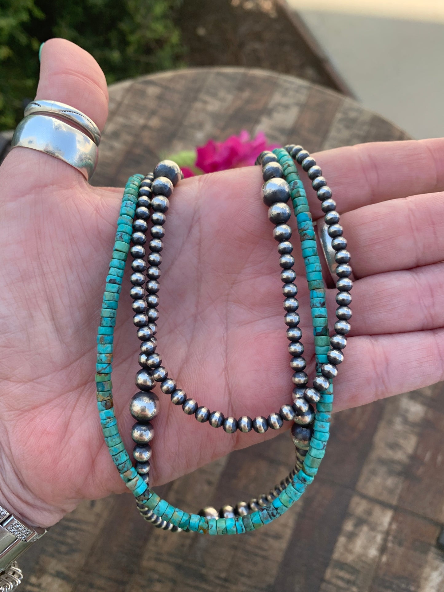Navajo Style Beads and Kingman Turquoise 3 Strand Necklace