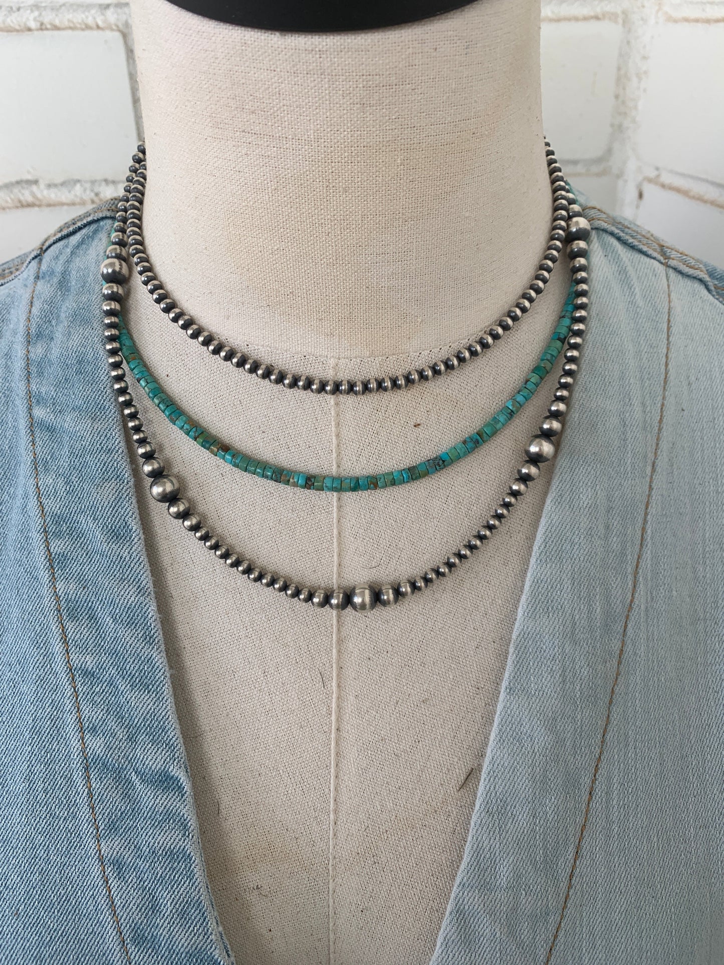 Navajo Style Beads and Kingman Turquoise 3 Strand Necklace