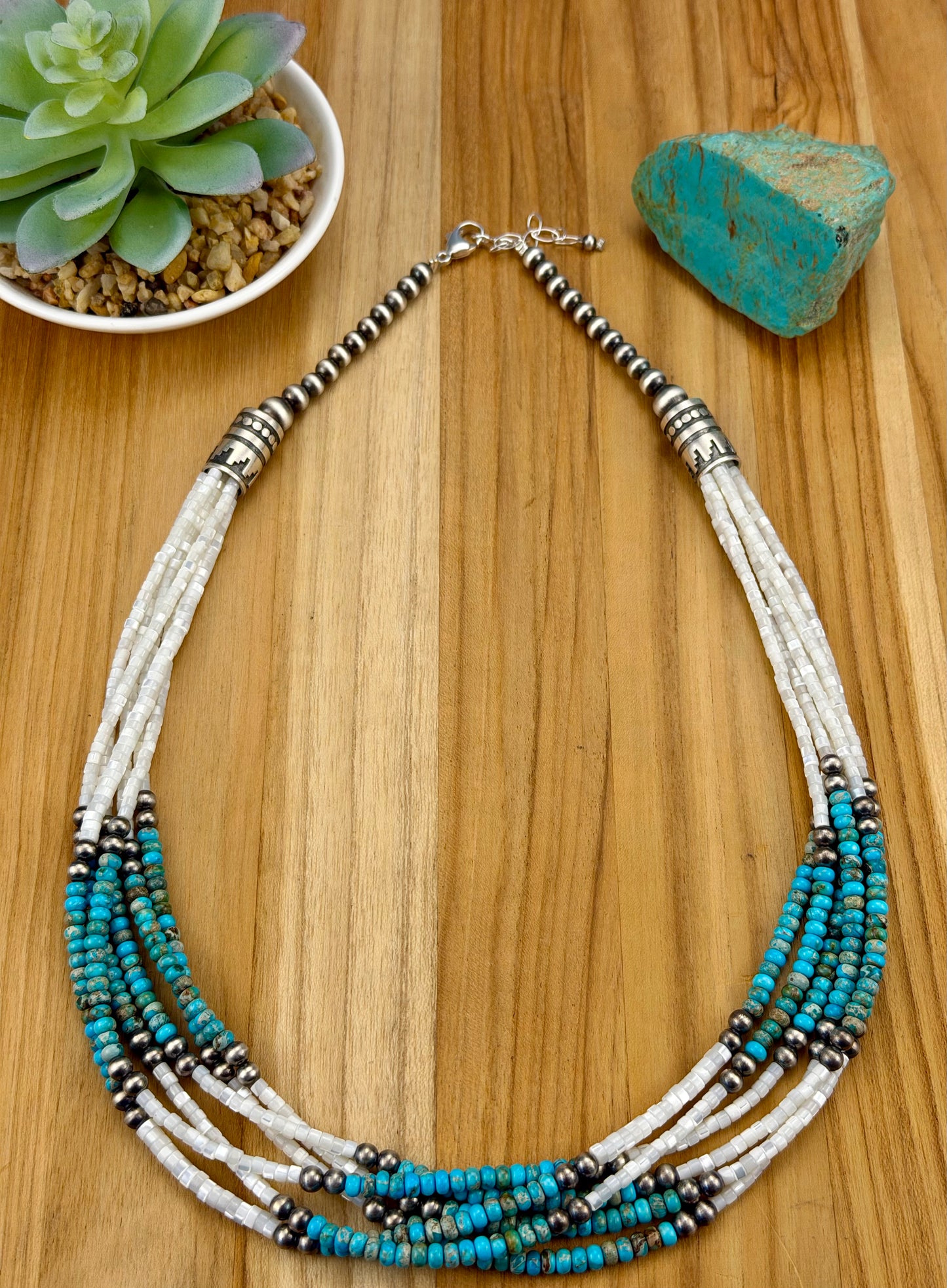 Mother of Pearl Shell & Kingman Multi Strand Bead Necklace