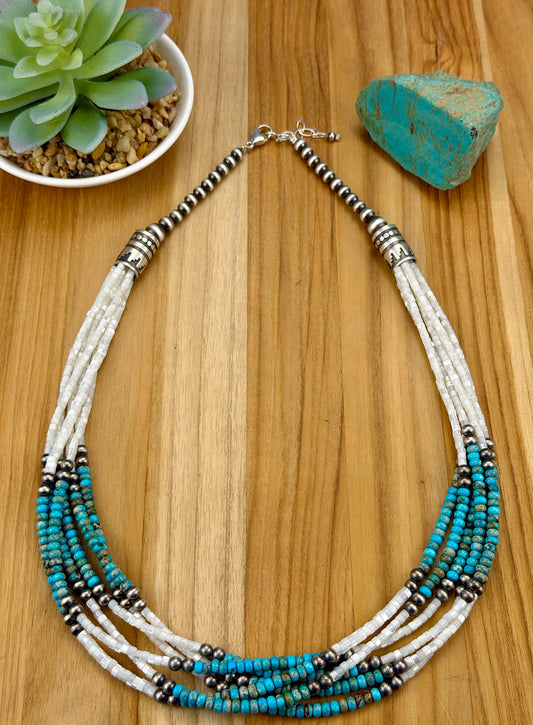 Mother of Pearl Shell & Kingman Multi Strand Bead Necklace