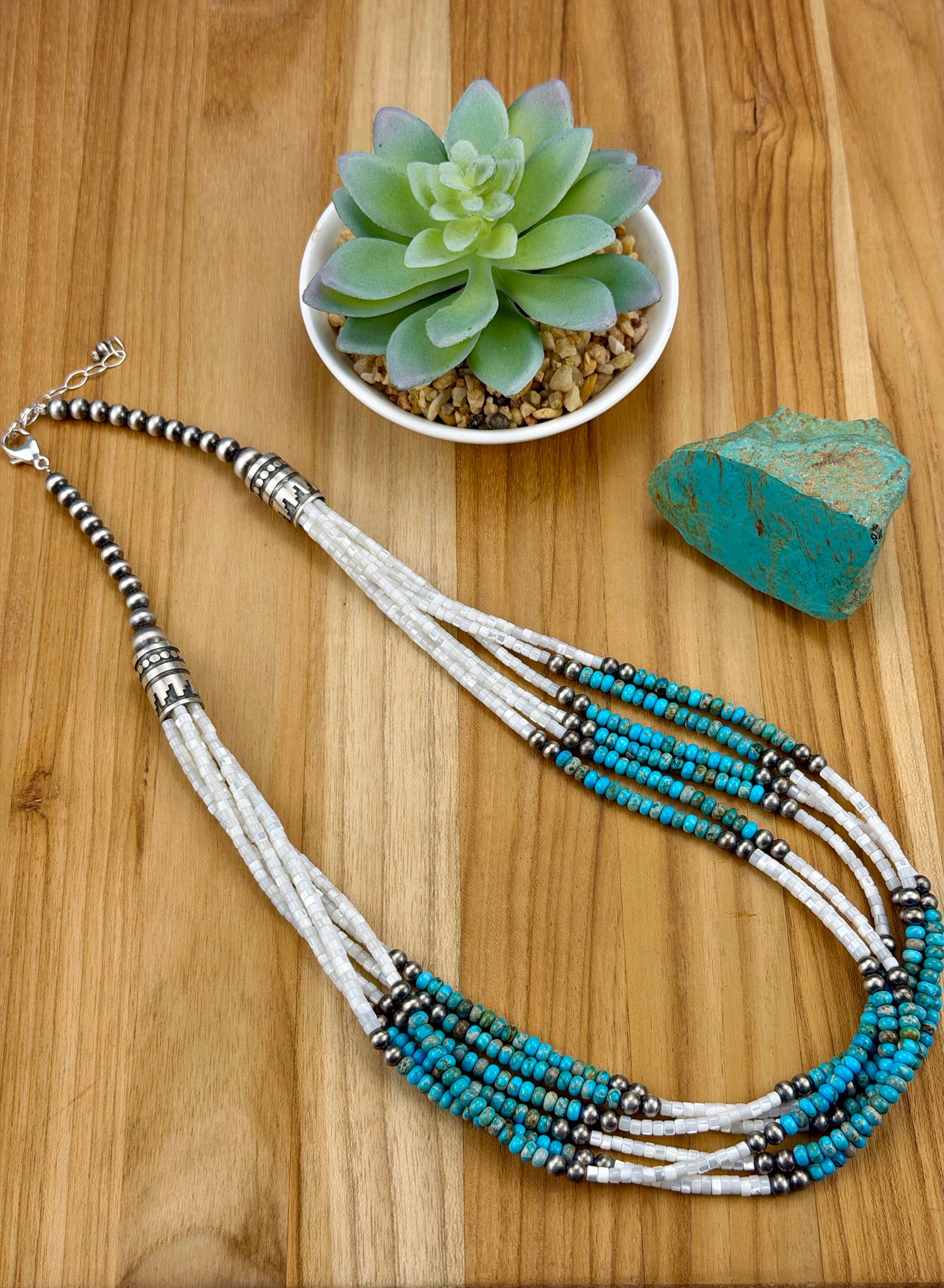 Mother of Pearl Shell & Kingman Multi Strand Bead Necklace