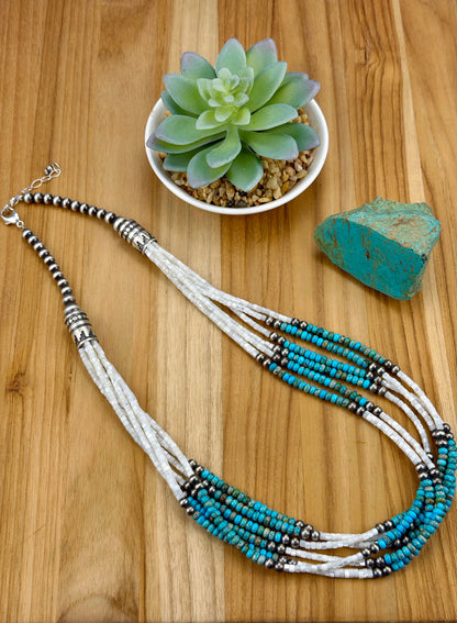 Mother of Pearl Shell & Kingman Multi Strand Bead Necklace