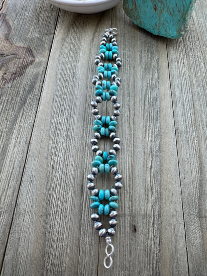 Kingman Turquoise Pearl Flower Bracelet