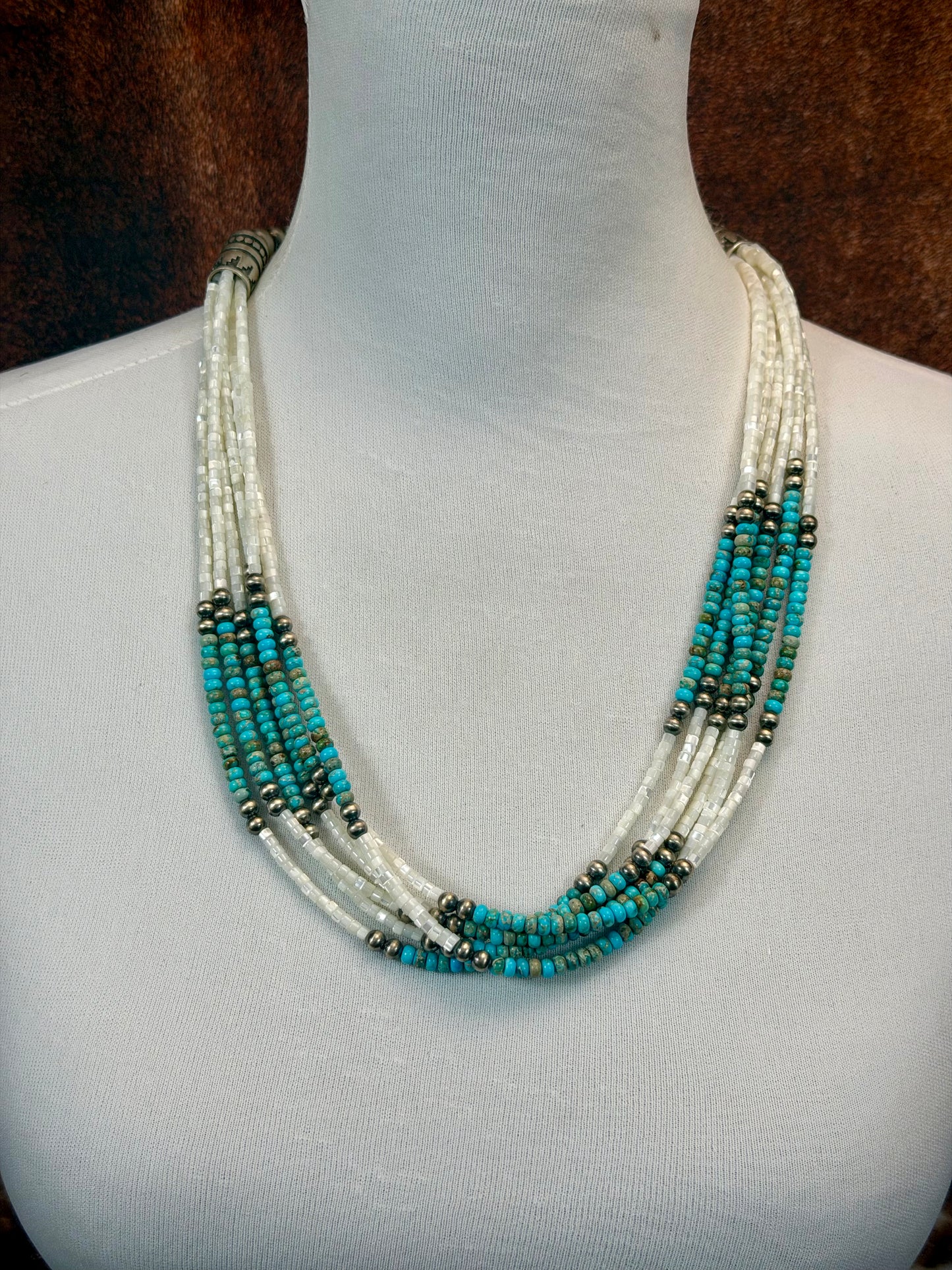Mother of Pearl Shell & Kingman Multi Strand Bead Necklace