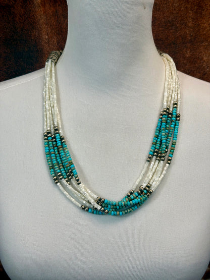 Mother of Pearl Shell & Kingman Multi Strand Bead Necklace