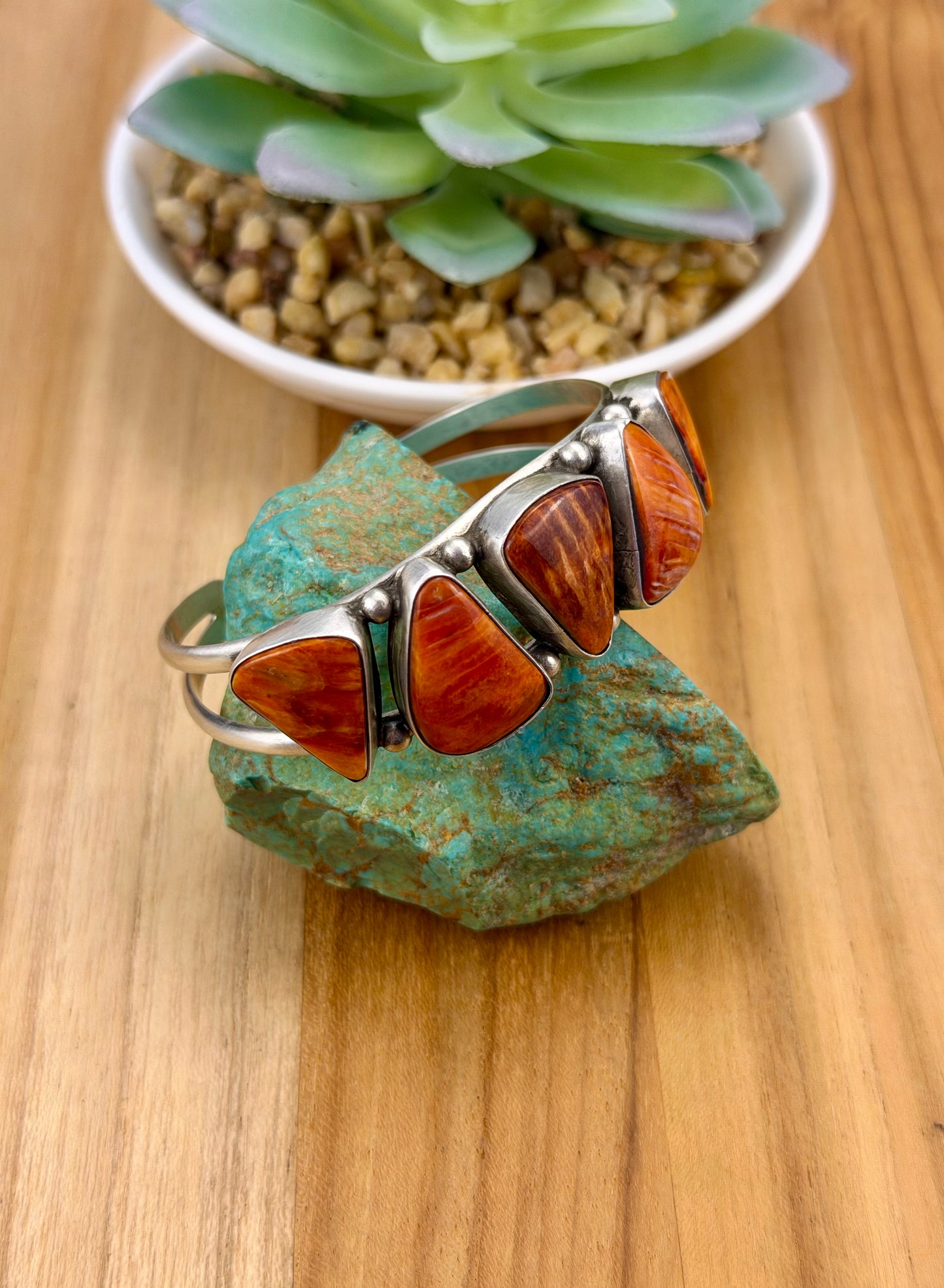 Orange Spiny 5 Stone Sterling Cuff