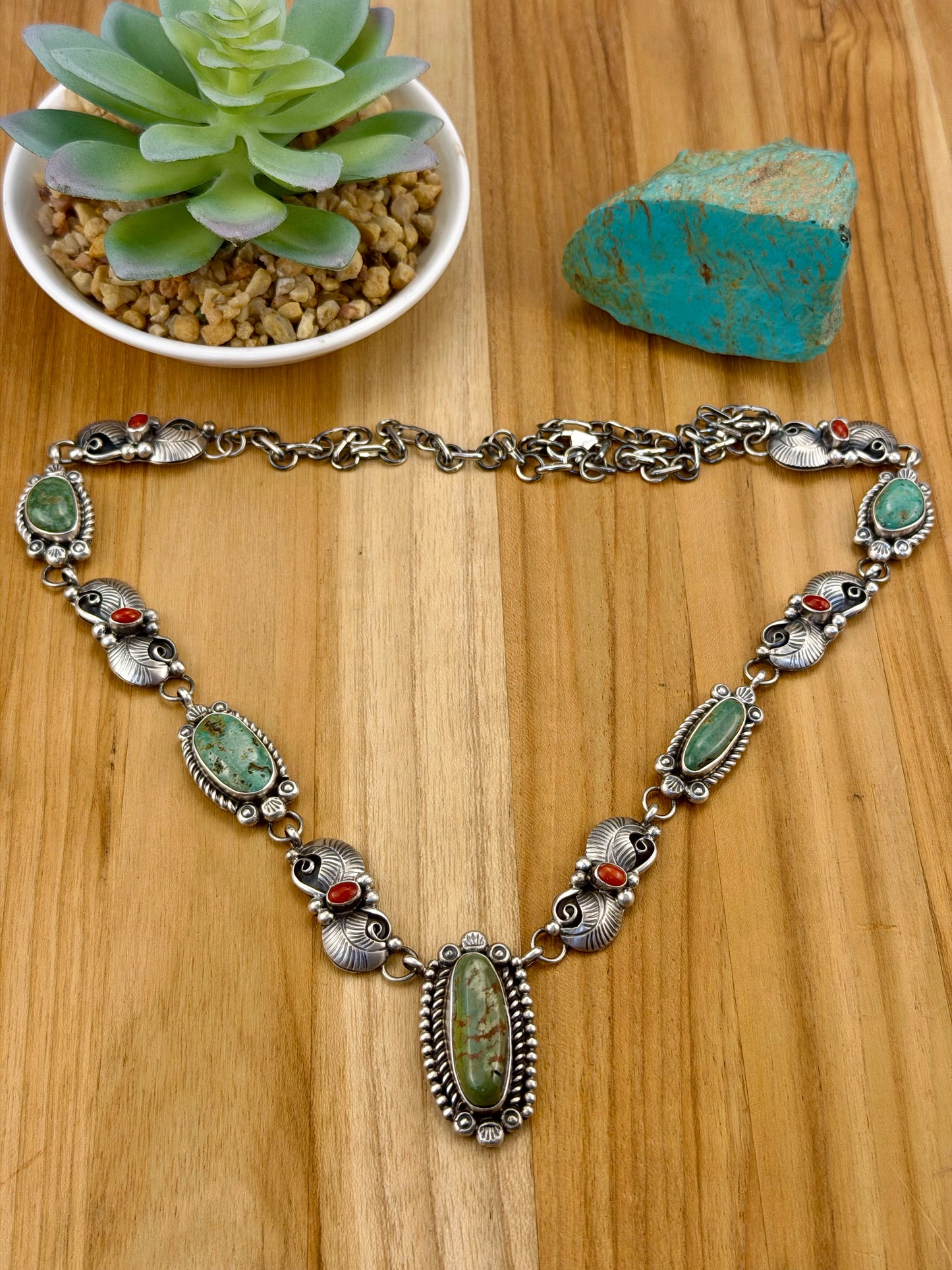 Kingman Turquoise and Coral Sterling Necklace