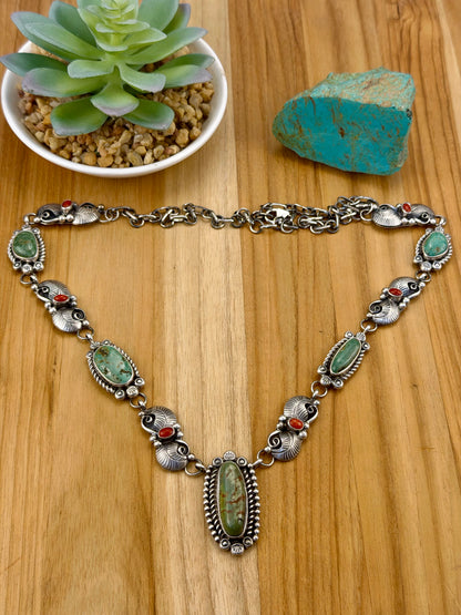 Kingman Turquoise and Coral Sterling Necklace
