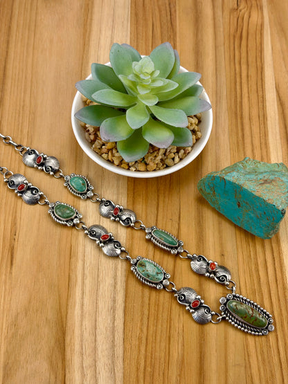 Kingman Turquoise and Coral Sterling Necklace