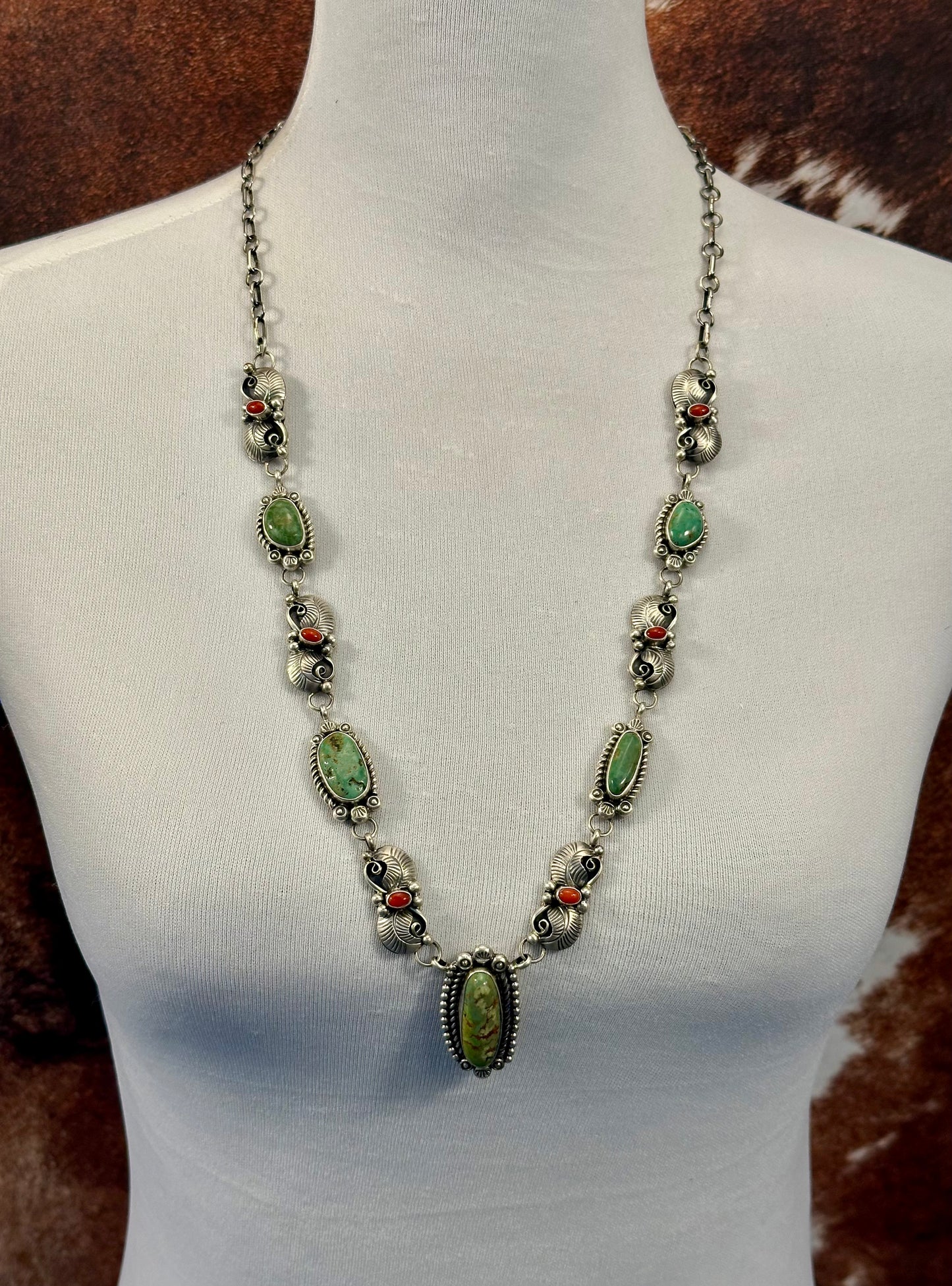 Kingman Turquoise and Coral Sterling Necklace