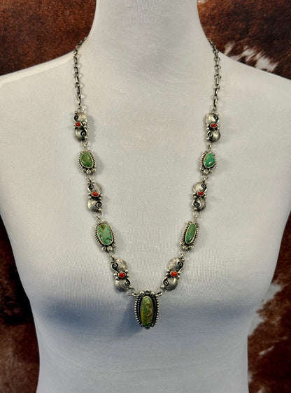 Kingman Turquoise and Coral Sterling Necklace